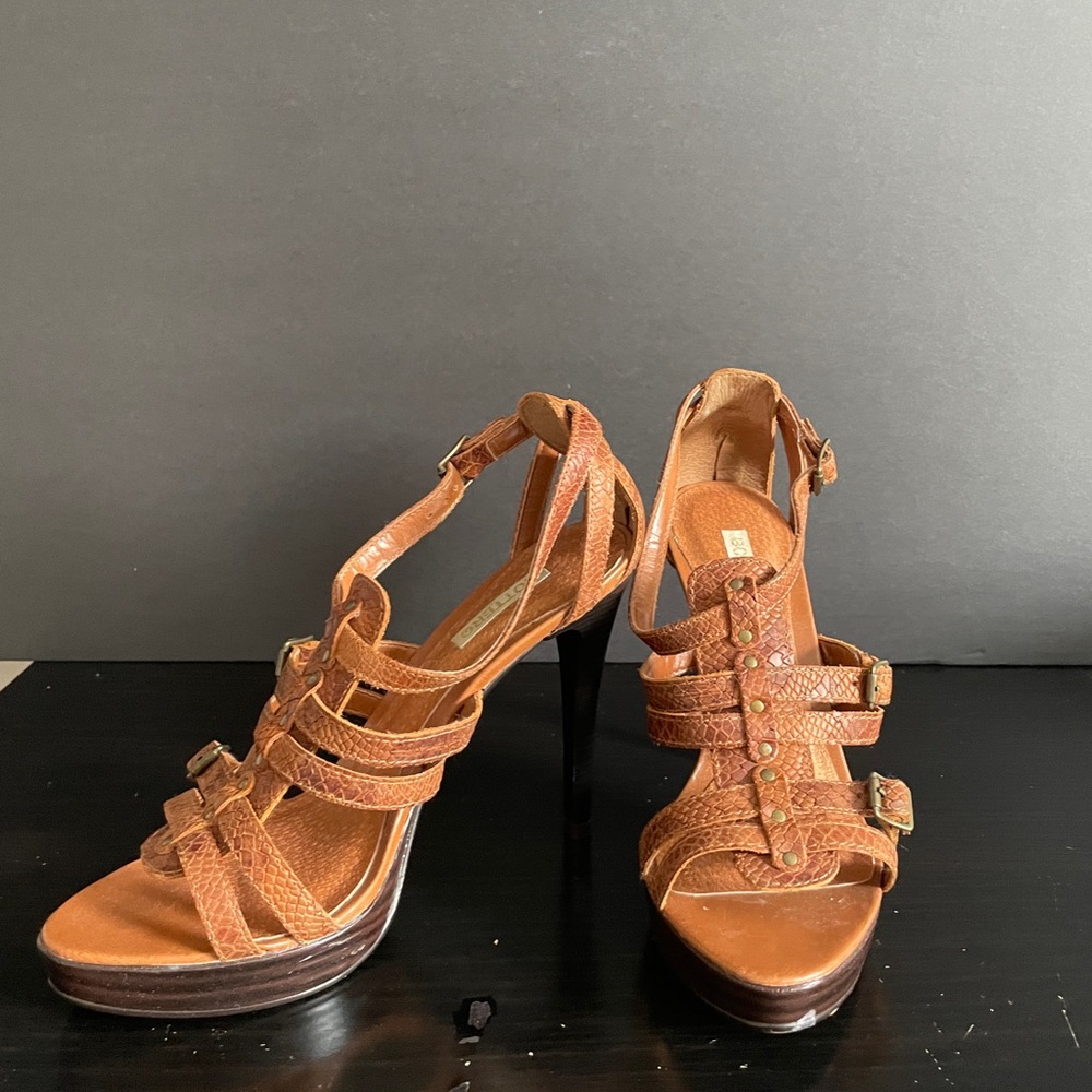 Brown leather strappy heels